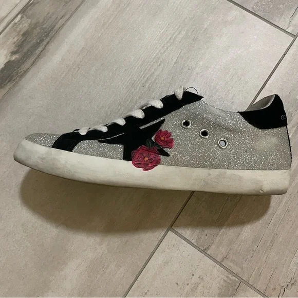 Golden Goose superstar glitter with hand paintedflowers 38 7